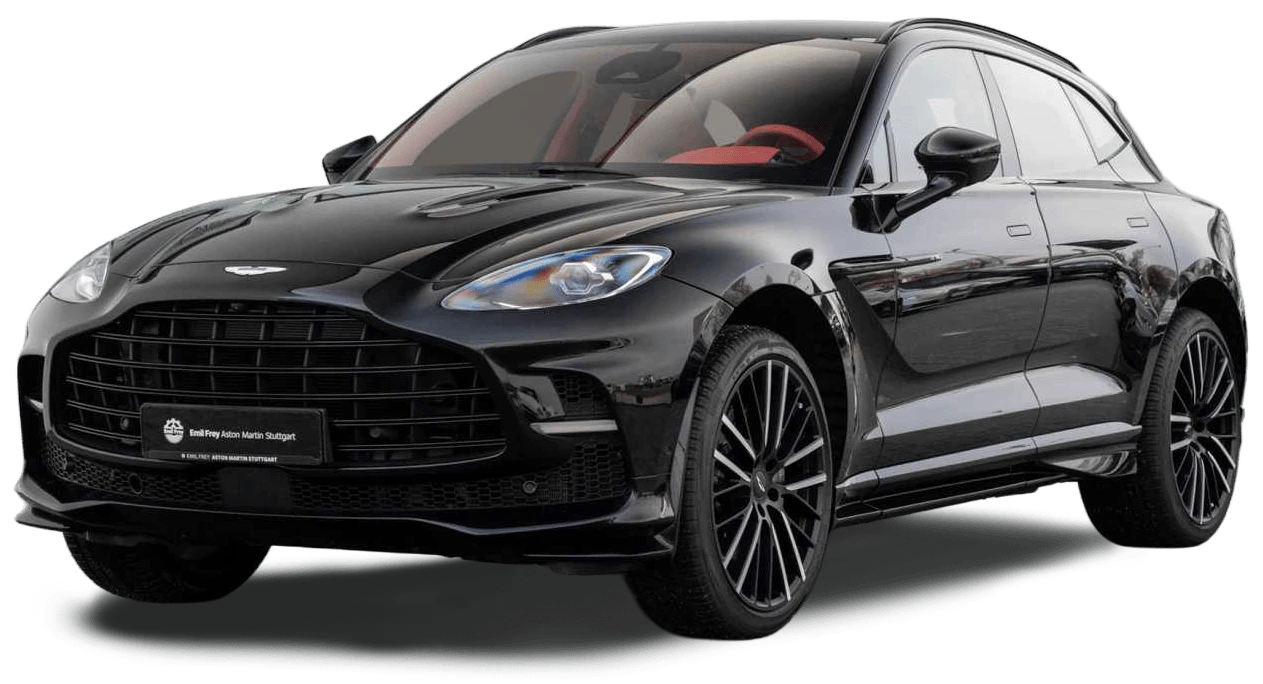 Das Bild zeigt ein Aston Martin DBX 707, Modell V12433 in der Lackierung Onyx Black von vorne links (Fahrerseite), ohne Hintergrund
